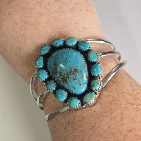 Vintage Navajo Sterling Turquoise Cluster Cuff Bracelet 48g Large 7.5" Stamped - Picture 2 of 13